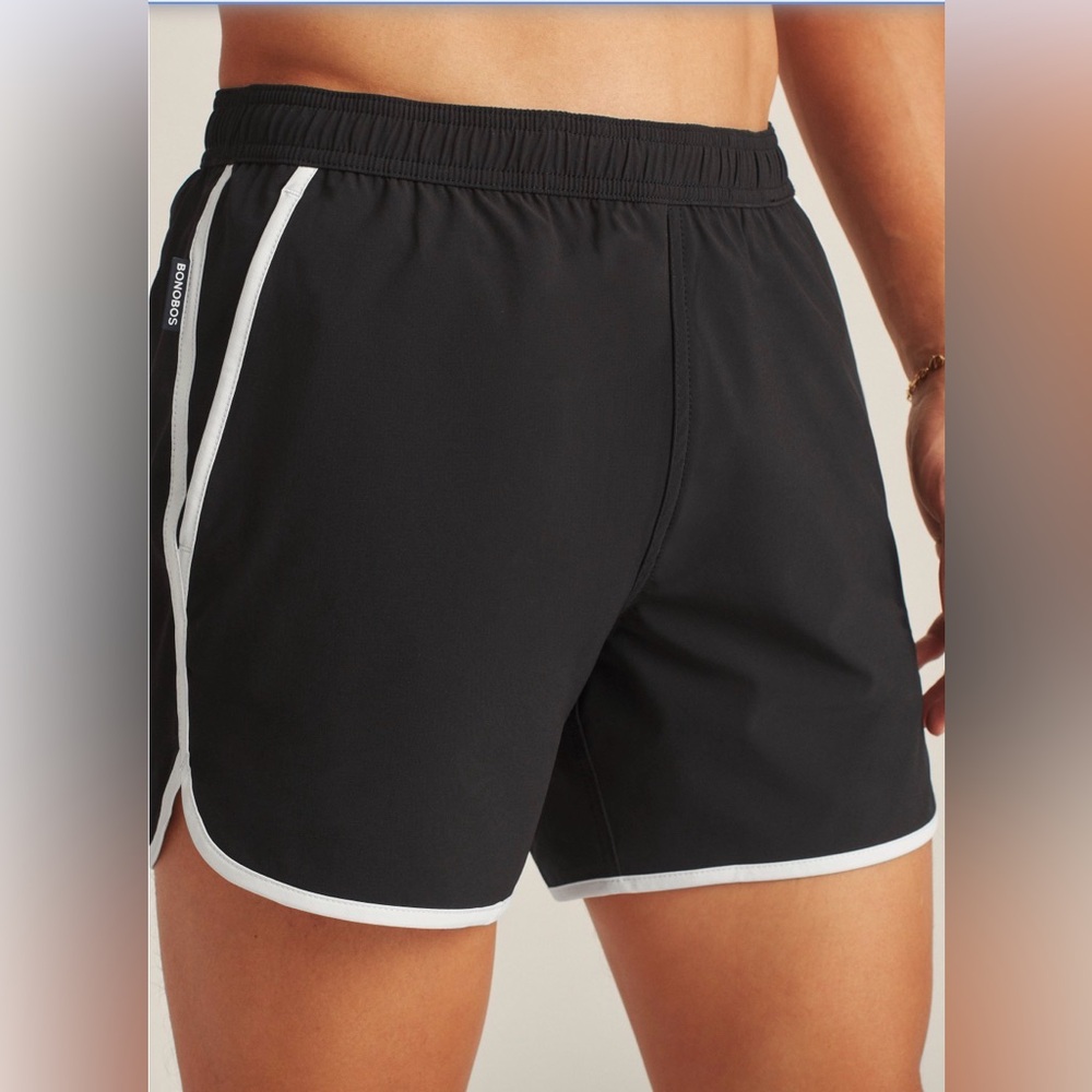 BONOBOS Riviera Recycled Swim Trunks Black White Piping 5" Inseam Small